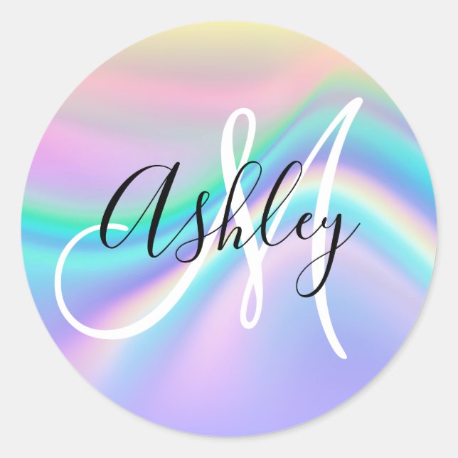 Sticker Rond Pastel Iridescente Rainbow Wave Ombre Monogram (Devant)