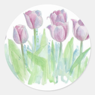 Sticker Rond Pastel Lavender Tulips Fleur Aquarelle Art
