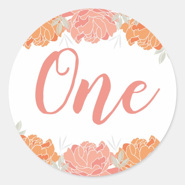 Sticker Rond Pastel Peach et Orange Floral Baby's 1er anniversa (Devant)