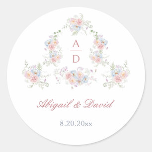 Sticker Rond Pastel Peonies Cadre Mariage Monogrammes