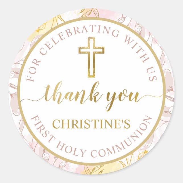 Sticker Rond Pastel Pink Gold Floral Premier Merci Communion (Devant)