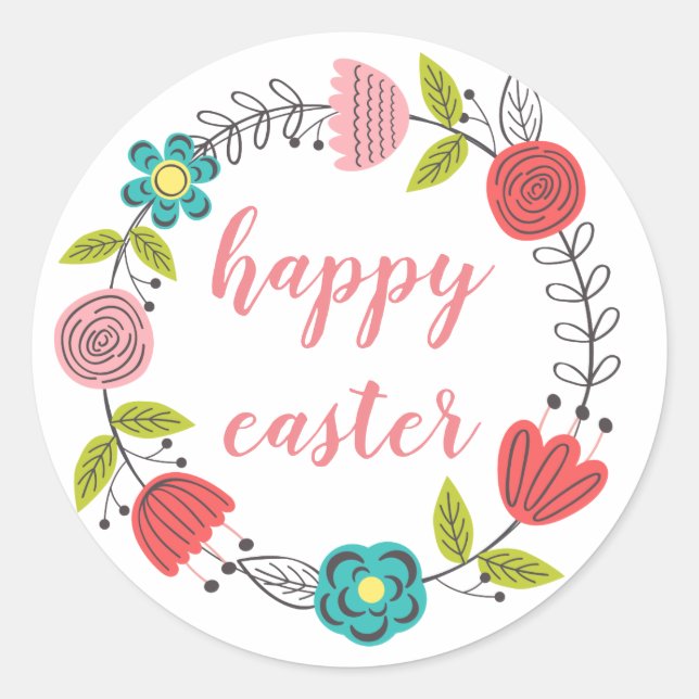 Sticker Rond pastel printanier à cadre fleuri de pâques heureux (Devant)