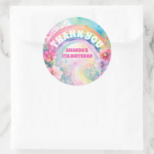 Sticker Rond Pastel Rainbow Flowers Retro Merci d'anniversaire