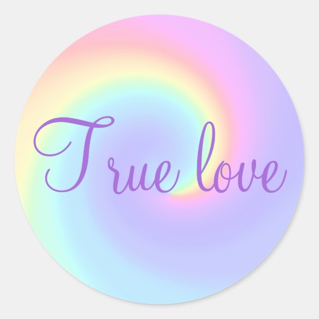 Sticker Rond Pastel Rainbow Swirl Lesbian Mariage "True Love" (Devant)
