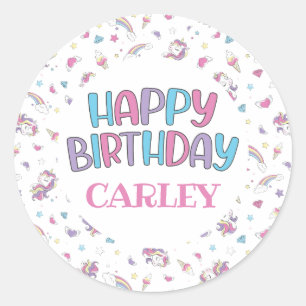 Sticker Rond Pastel Rainbow Unicorn Joyeux Anniversaire, N'Impo