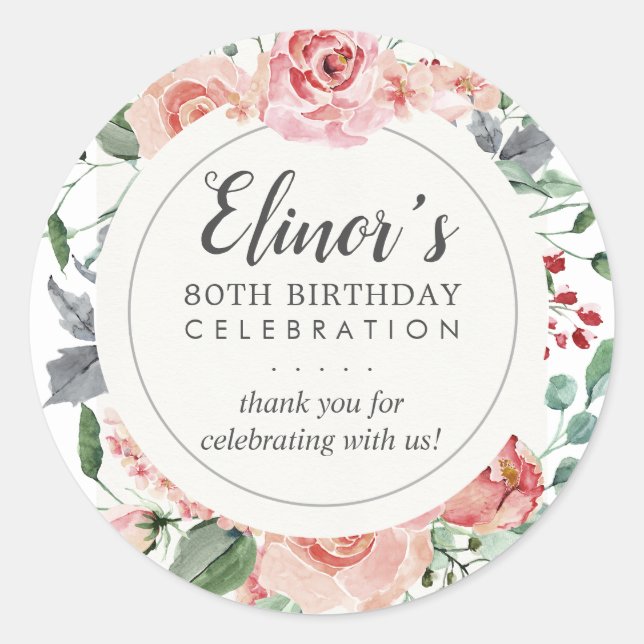Sticker Rond Pastel Red Rose Floral 80e anniversaire Merci (Devant)