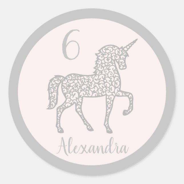 Sticker Rond Pastel Silver Unicorne fête d'anniversaire Nom pro (Devant)