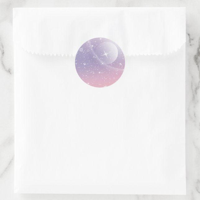 Sticker Rond Pastel Starry Sky rose violet dégradé Lune Galaxie (Sac)