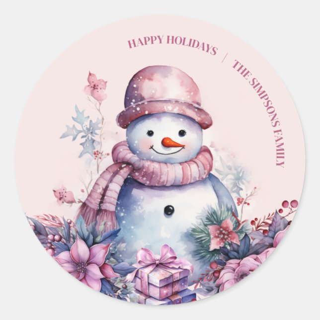Sticker Rond Pastel Watercolor Christmas Snowman (Devant)