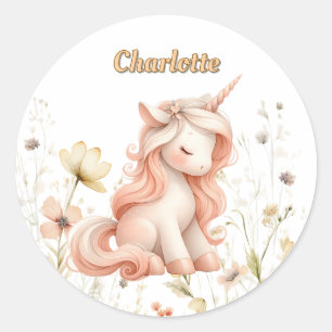 Sticker Rond Pastel Whimsical unicorn fleur sauvage