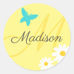 Sticker Rond Pastel Yellow Butterfly Daisy Cute Nom personnalis