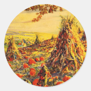 Sticker Rond Patch de Citrouille Halloween vintage avec Haystac