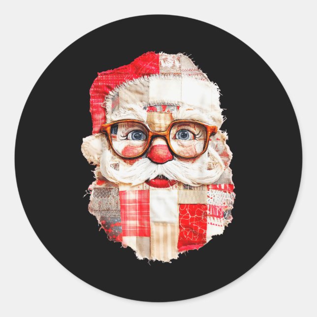 Sticker Rond Patchwork Santa Claus Face Preppy Girly Christmas  (Devant)