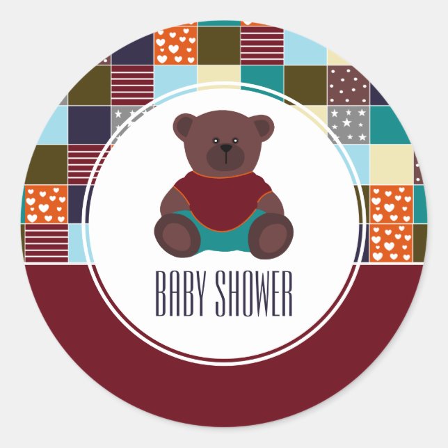 Sticker Rond Patchwork Teddy Bear, Baby shower (Devant)