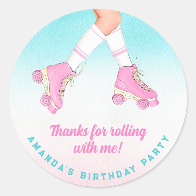 Sticker Rond Patinage à rouleaux rose et Merci bleu (Devant)