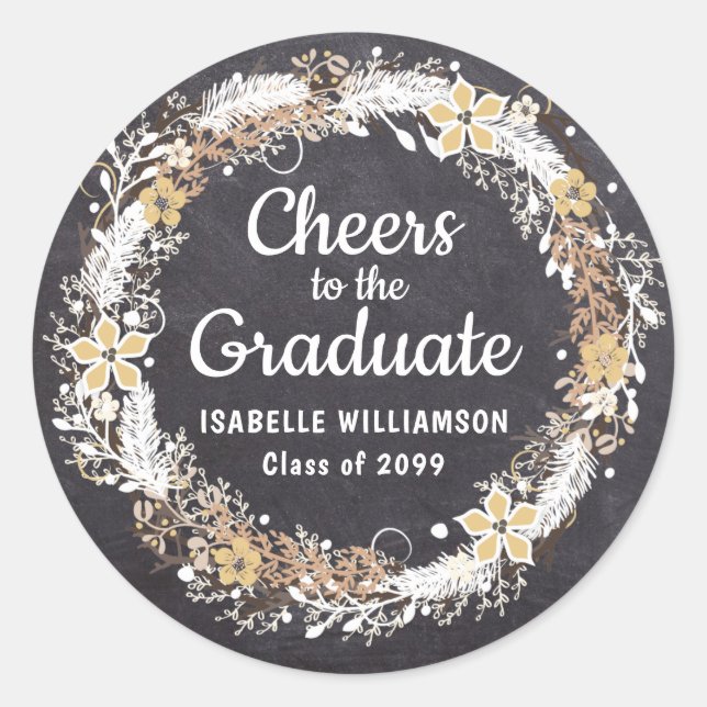 Sticker Rond Patinage Rustique Gold Blanc Floral Chalkboard Gra (Devant)