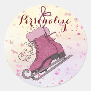 Sticker Rond Patins à glace roses étoile hiver jolie illustrati