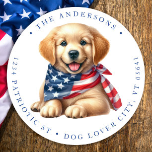Sticker Rond Patriotique Chiot 4 juillet Chien Adresse de retou