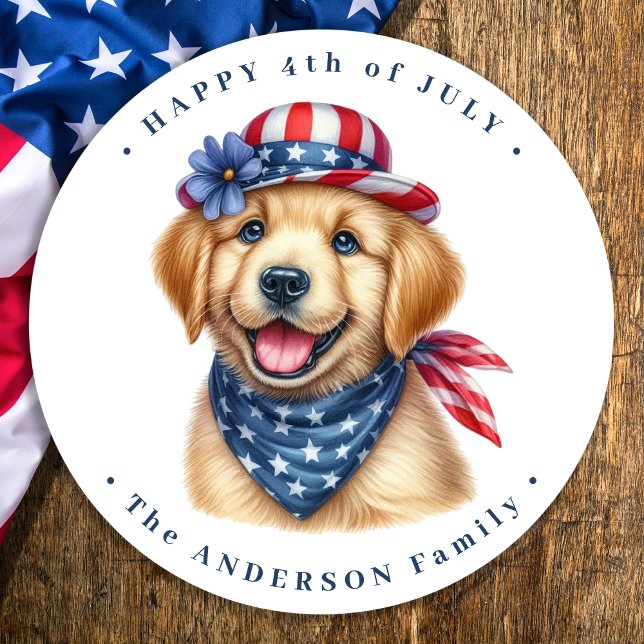 Sticker Rond Patriotique Chiot Rouge Blanc Bleu Golden Retrieve (Créateur téléchargé)