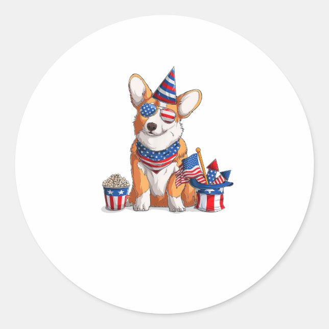Sticker Rond Patriotique Welsh Corgi Chien 4 juillet (Devant)