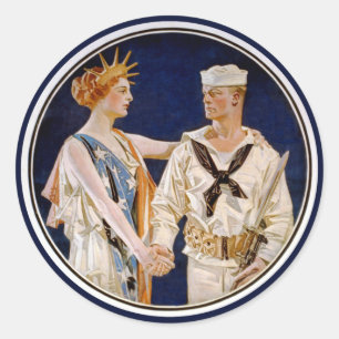 Sticker Rond Patriotisme Vintage, Lady Liberty avec marin de la