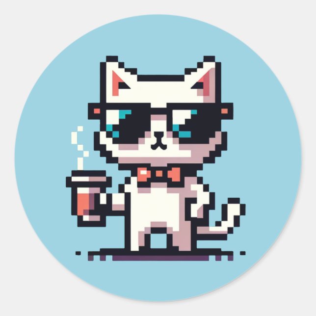 Sticker Rond Pause café cool : 8 bits Pixel Art (Devant)