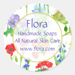 Sticker Rond Pavot Géranium Pansy Aquarelle Fleurs