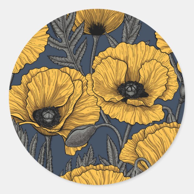 Sticker Rond Pavot jaune sur la marine (Devant)