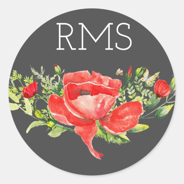 Sticker Rond Pavot rouge sur gris Monogramme personnalisable (Devant)
