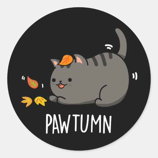 Sticker Rond Pawtume mignonne Automne Kitty Cat Pun Dark BG (Devant)