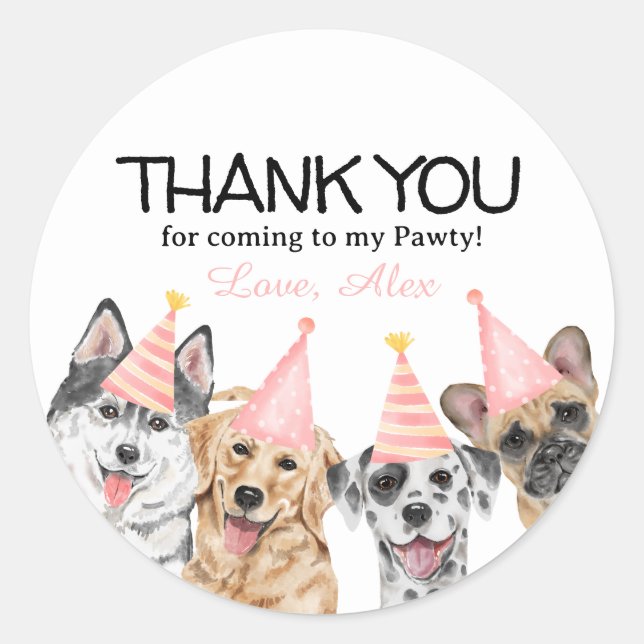Sticker Rond Pawty Chien Chien Merci Anniversaire Fête (Devant)