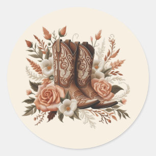 Sticker Rond Pays élégant moderne Ouest- Fleurs et Bottes