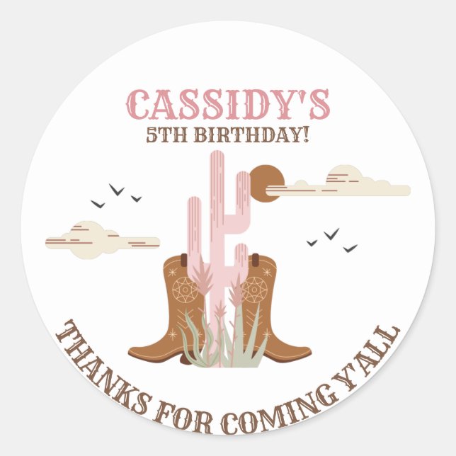 Sticker Rond Pays Occidental Cowgirl Anniversaire Merci (Devant)