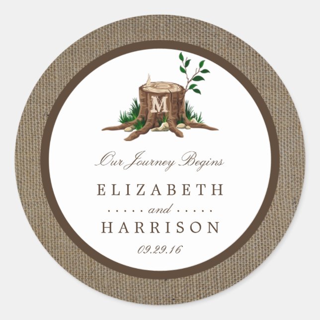 Sticker Rond Pays Russe Monogramme Arbre et Mariage de Burlap (Devant)