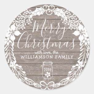 Sticker Rond Pays rustique Joyeux Noël Blanc Holly Wreath