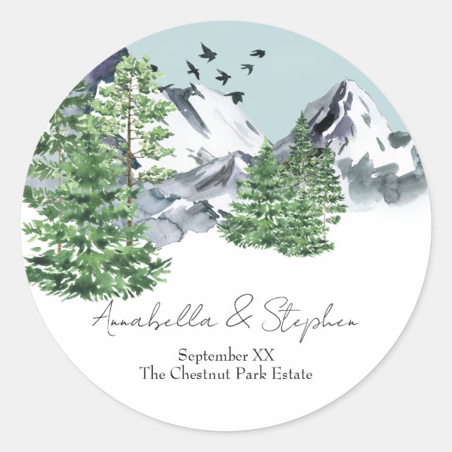 Sticker Rond Paysage de montagne de neige avec des arbres de la (Devant)