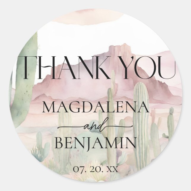 Sticker Rond Paysage Désertique Élégant Boho Cactus Mariage (Devant)
