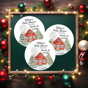 Sticker Rond Paysage d'hiver Baby shower de la Maison Rouge