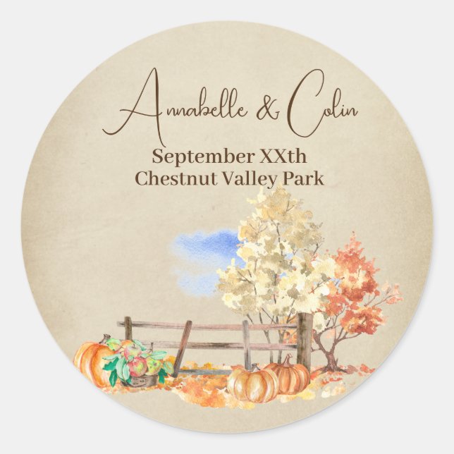 Sticker Rond Paysage rustique d'automne Arbres et parchemin Cit (Devant)