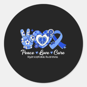 Sticker Rond Peace Love Cure Bleu Ruban Hydrocéphalie Lauréats