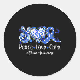 Sticker Rond Peace Love Cure Blue Ribbon Ataxia Sensibilisation