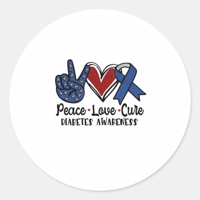 Sticker Rond Peace Love Cure Diabète Sensibilisation (Devant)