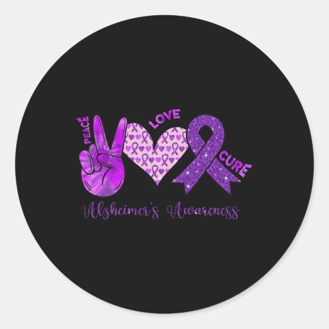 Sticker Rond Peace Love Cure Purple Ribbon Alzheimer Lauréats d (Devant)