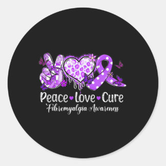 Sticker Rond Peace Love Cure Purple Ribbon Fibromyalgia