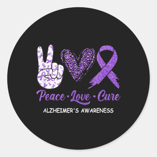 Sticker Rond Peace Love Cure Purple Ruban Maladie d'Alzheimer A (Devant)