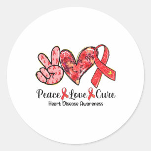 Sticker Rond Peace Love Cure Red Ribbon Heart Disease