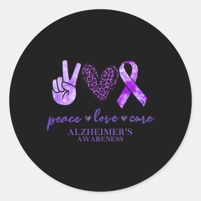 Sticker Rond Peace Love Cure Ribbon Leopard Alzheimer Cerveau A (Devant)