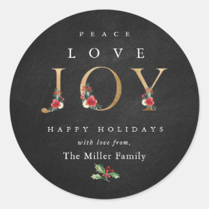Sticker Rond Peace Love Joy Festive Winter Floral Berries
