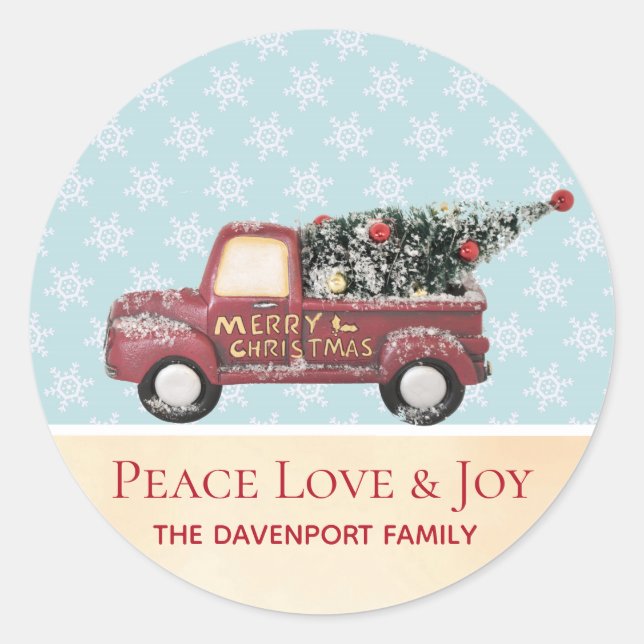 Sticker Rond Peace Love & Joy Toy Camion Joyeux Noël (Devant)
