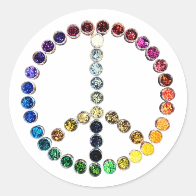 Sticker Rond Peace Love Parties scintillant Confetti Arc-en-cie (Devant)